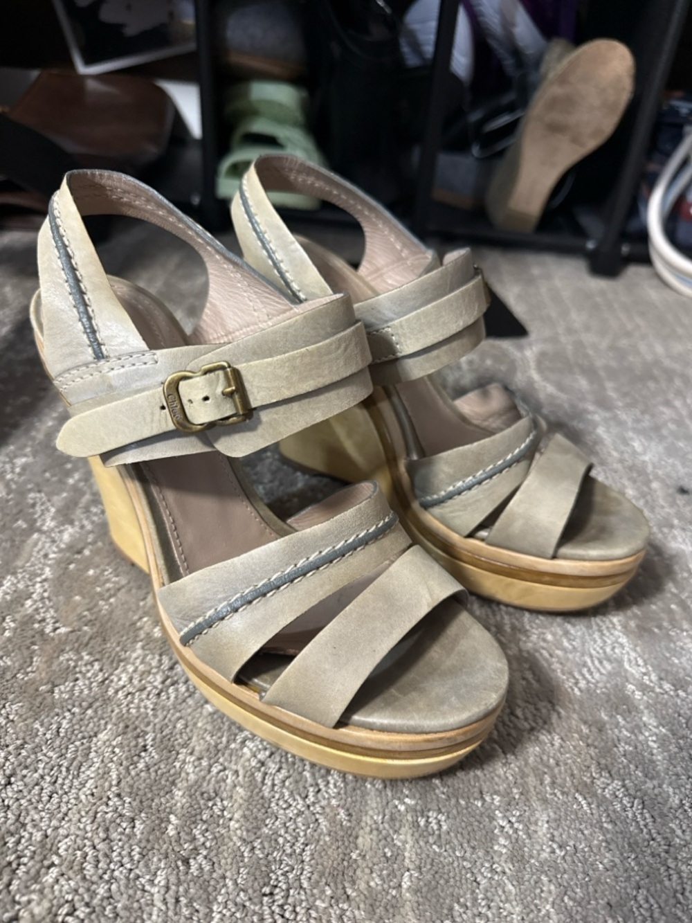 Chloé Neutral Leather Wedge Sandals | 5” Wooden Heel | Beige Strappy Platform - Picture 2 of 9